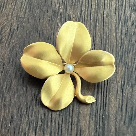 Antique 14K Gold Lucky Four Leaf Clover Brooch Pearl Latin Non Scholae Sed Vitae - Picture 13 of 16